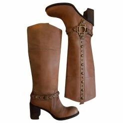 Janet & Janet Tan Tan Tan Leather Heeled Boots With Metal Rivets Beige Light Brown Caramel