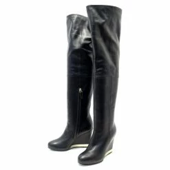 CHANEL BOOTS G31303 37.5 WEDGES LEATHER BOOTS Black