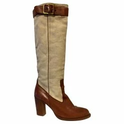 Barbara Bui Leather And Linen Riding Boots Brown Beige