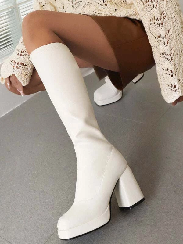 White Knee High Boots Women PU Leather Chunky Heel Knee Length Boots 1 White Knee High Boots Women PU Leather Chunky Heel Knee Length Boots