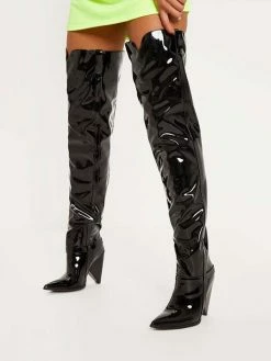 Women's Patent Leather Cone Heel Thigh High Boots Black Bright Leather