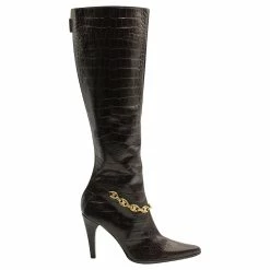 Celine Céline Brown Croc Embossed Leather Boots With Gold Chain