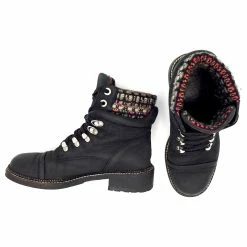 Chanel Ankle Boots In Black Leather With Grey-red Tweed Trim