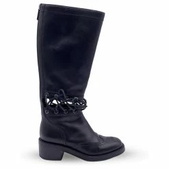 Chanel Black Leather 2016 Lace-Up Cutout CC Knee High Boots Size 38