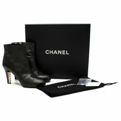 Chanel Black Leather Pearl Heel Ankle Boots