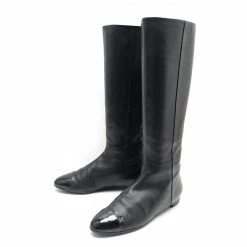 CHANEL CAVALIERE G SHOES27884 Boots 40.5 BLACK LEATHER BOOTS SHOES