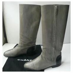 CHANEL Gray Calf Leather Riding Boots Good Condition T.40 IT Grey