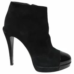 Chanel Patent Leather Cap Toe Platform Ankle Boots In Black Suede
