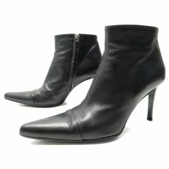 CHANEL SHOES POINTED ANKLE BOOTS WITH HEELS 10b 40 BLACK LEATHER + BOOTS BOX