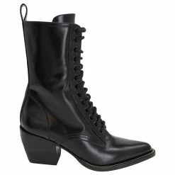 Chloé Chloe Lace-Up Pointed Mid-Calf Boots In Black Leather