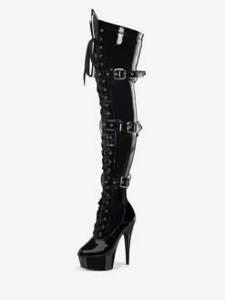 Pole Dance Shoes Women's Black Sexy High Heel Boots Lace Up Buckles Platform Stiletto Heel Thigh High Boots