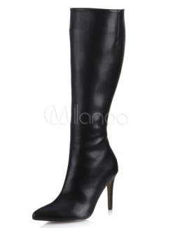 Women's Pointed Toe Wide Fit High Heel Knee High Boots In Black
