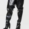 Women's Wide Stone Grain Chunky Heel Bright Leather Thigh High Boots
