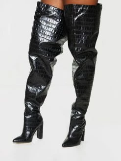 Women's Wide Stone Grain Chunky Heel Bright Leather Thigh High Boots