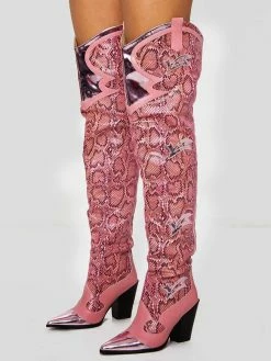 Women Western Boots Snake Pattern Pointed Toe Over The Knee Boots Leather Chunky Heel Thigh High Boots