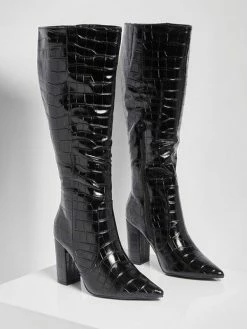 Women Knee High Boots Leather Black Round Toe Stone Patter Chunky Heel Boots -winter shoes Sales 2023 e328b939 6924 40be 9ed5 476603257d29