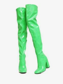 Womens Thigh High Boots Red Round Toe Bright Leather Chunky Heel Women's Boots