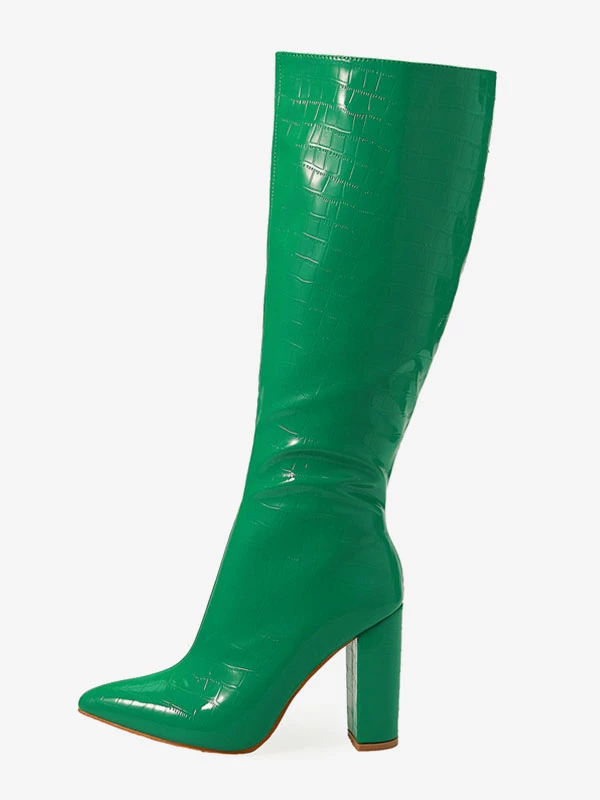 Women Croc Embossed Chunky Heel Knee-High Boots 9 Women Croc Embossed Chunky Heel Knee-High Boots - Image 9