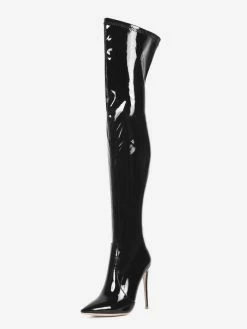 Over The Knee Boots Leather Black Pointed Toe Stiletto Heel Bright Leather Thigh High Boots