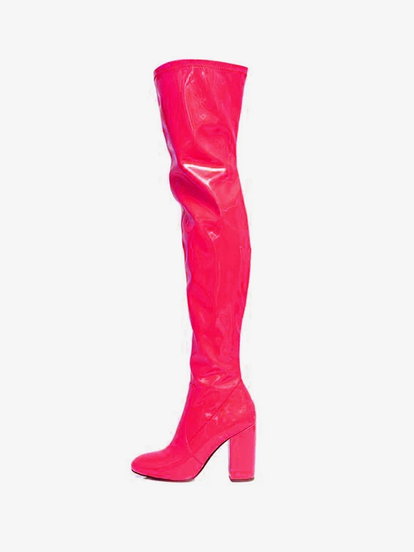 Womens Thigh High Boots Red Round Toe Bright Leather Chunky Heel Women's Boots 4 Womens Thigh High Boots Red Round Toe Bright Leather Chunky Heel Women's Boots - Image 4