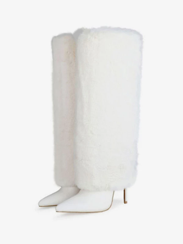 Women's White Boots Fuzzy Stiletto Heel Knee High Boots 4 Women's White Boots Fuzzy Stiletto Heel Knee High Boots - Image 4