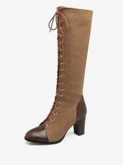 Knee High Boots Womens And Micro Suede Lace Up Round Toe Chunky Heel Boots