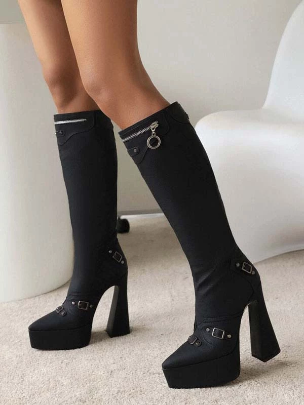 Women's Knee High Boots Platform High Heel Bukle Detail Elastic Boots 9 Women's Knee High Boots Platform High Heel Bukle Detail Elastic Boots - Image 9