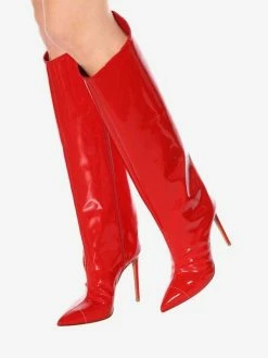 Red Knee High Boots Point Toe Bright Leather Stiletto Heel Knee Length Boots For Women