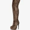 Womens Thigh High Boots Round Toe Leopard Print Stiletto Heel Winter Platform Boots For Women