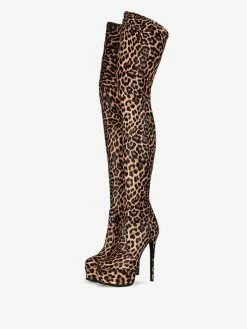 Womens Thigh High Boots Round Toe Leopard Print Stiletto Heel Winter Platform Boots For Women