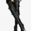 Sexy Thigh High Boots Women's Black Platform Faux Fur Buckle Detail Over Knee High Heel Boots