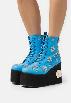KOI FOOTWEAR Lotus Junkie Flower Flatorm Boots - Lace-Up Ankle Boots - Blue