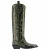 Ganni Knee High Embroidered Western Boots In Black Leather