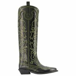 Ganni Knee High Embroidered Western Boots In Black Leather