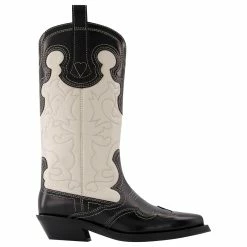 Ganni Mid Shaft Embroidered Western Boots In Black Leather