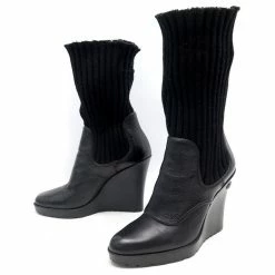 GUCCI SHOES WEDGE ANKLE BOOTS 38.5 BLACK WOOL LEATHER 202970 BOOTS