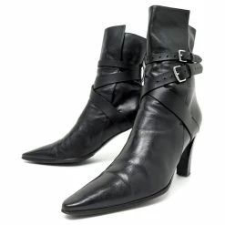 Hermès HERMES ANKLE BOOTS 38.5 BLACK LEATHER Lined BUCKLE STRAPS BOOTS