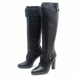 Hermès Hermes Shoes 38.5 BUCKLE BOOTS HEELS IN BLACK LEATHER LEATHER BOOTS