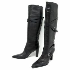 Hermès HERMES SHOES HEEL STRAPS BOOTS 38 BLACK LEATHER BOOTS