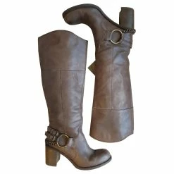 Janet & Janet - Boots With Heel And Metal Chain In Taupe Brown Leather, Rock Spirit
