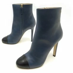 NEW CHANEL G SHOES33306 BLACK BLUE TWO-TONE LEATHER ANKLE BOOTS SHORT BOOTS Navy Blue