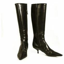 Prada Black Leather Kitten Heels Pointed Toe Zipper Boots Shoes Size 37