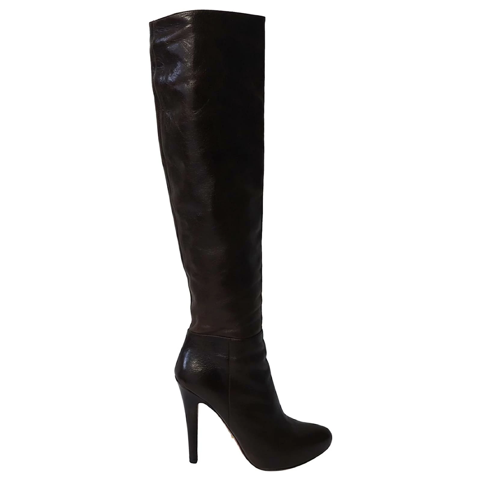 Prada Knee-High High Heel Boots In Brown Leather 1 Prada Knee-High High Heel Boots In Brown Leather