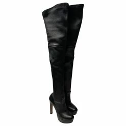 Prada Over The Knee High Heel Boots In Black Leather
