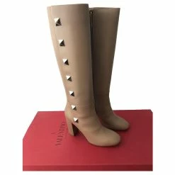 Valentino Garavani Rockstud Leather Riding Boots Beige