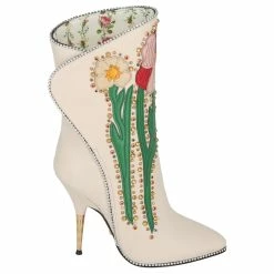Gucci Flower Intarsia Leather Boots White